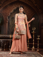Women's Peach Floral Printed & Embroidered Silk Blend Straight Short Kurti Palazzo Dupatta Set