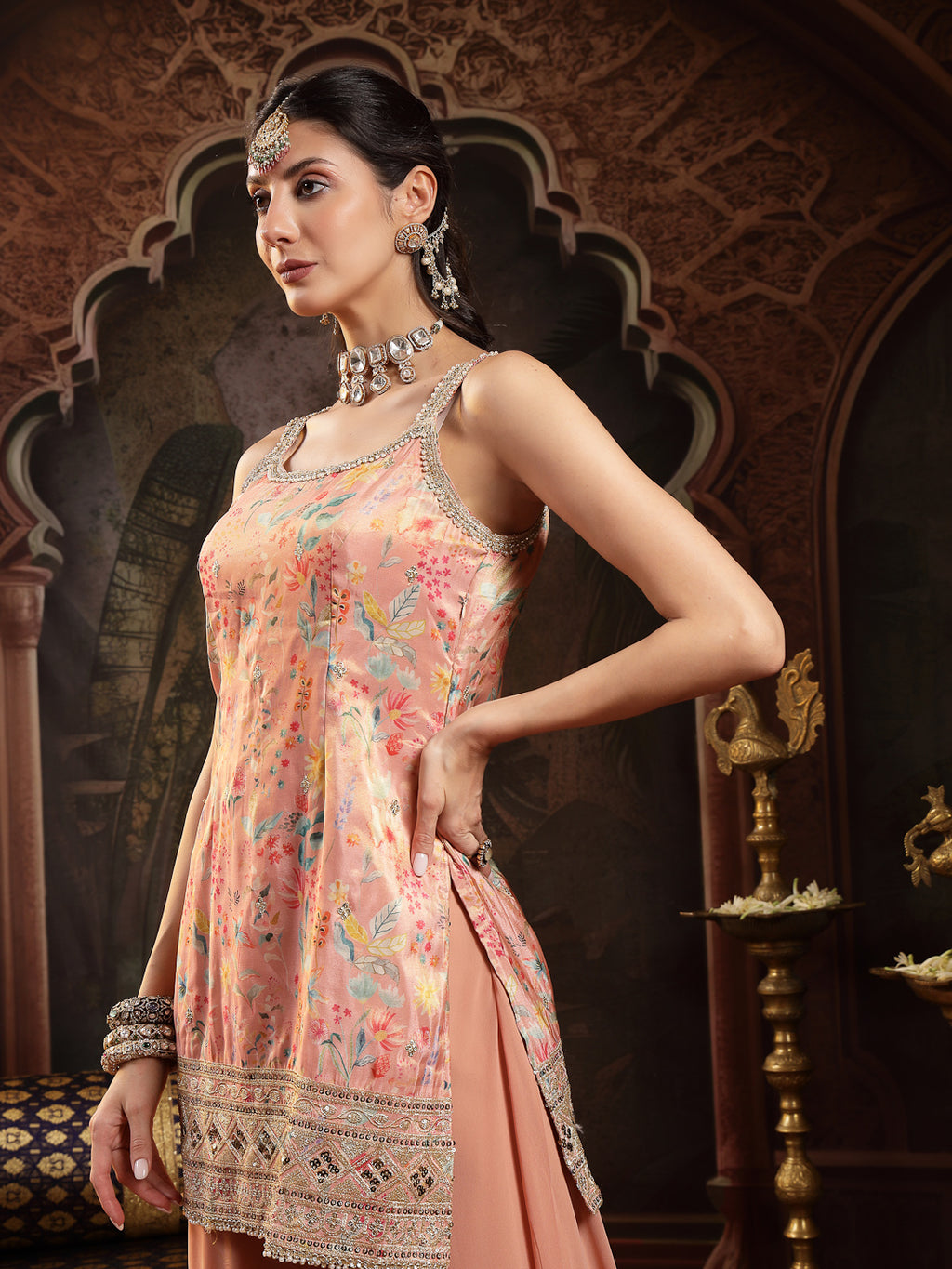 Women's Peach Floral Printed & Embroidered Silk Blend Straight Short Kurti Palazzo Dupatta Set