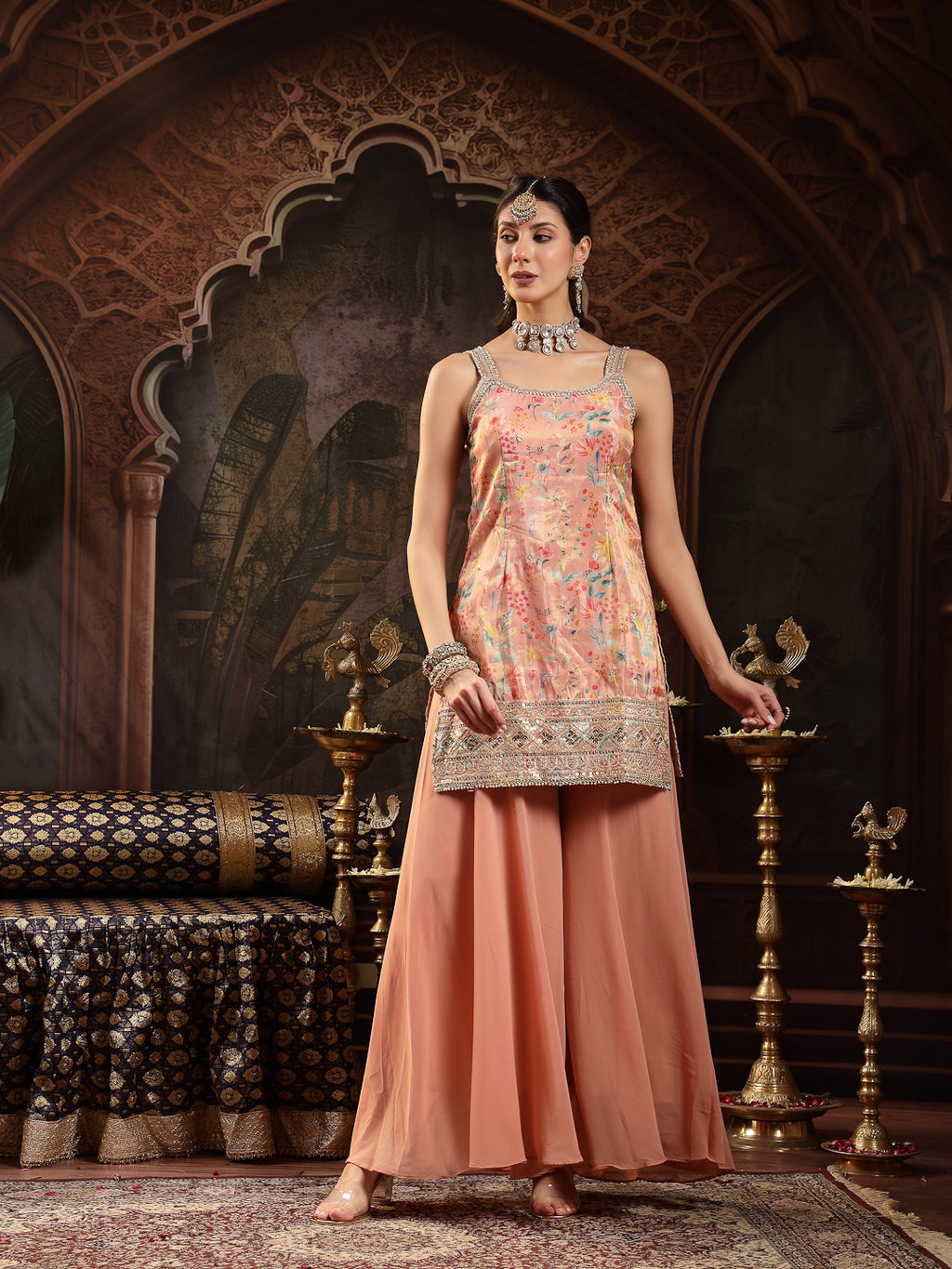 Women's Peach Floral Printed & Embroidered Silk Blend Straight Short Kurti Palazzo Dupatta Set
