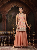 Women's Peach Floral Printed & Embroidered Silk Blend Straight Short Kurti Palazzo Dupatta Set