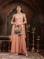 Women's Peach Floral Printed & Embroidered Silk Blend Straight Short Kurti Palazzo Dupatta Set