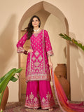 Women's Pink Solid & Embroidered Chinon A-Line Kurta Palazzo Dupatta Set