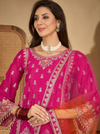 Women's Pink Solid & Embroidered Chinon A-Line Kurta Palazzo Dupatta Set