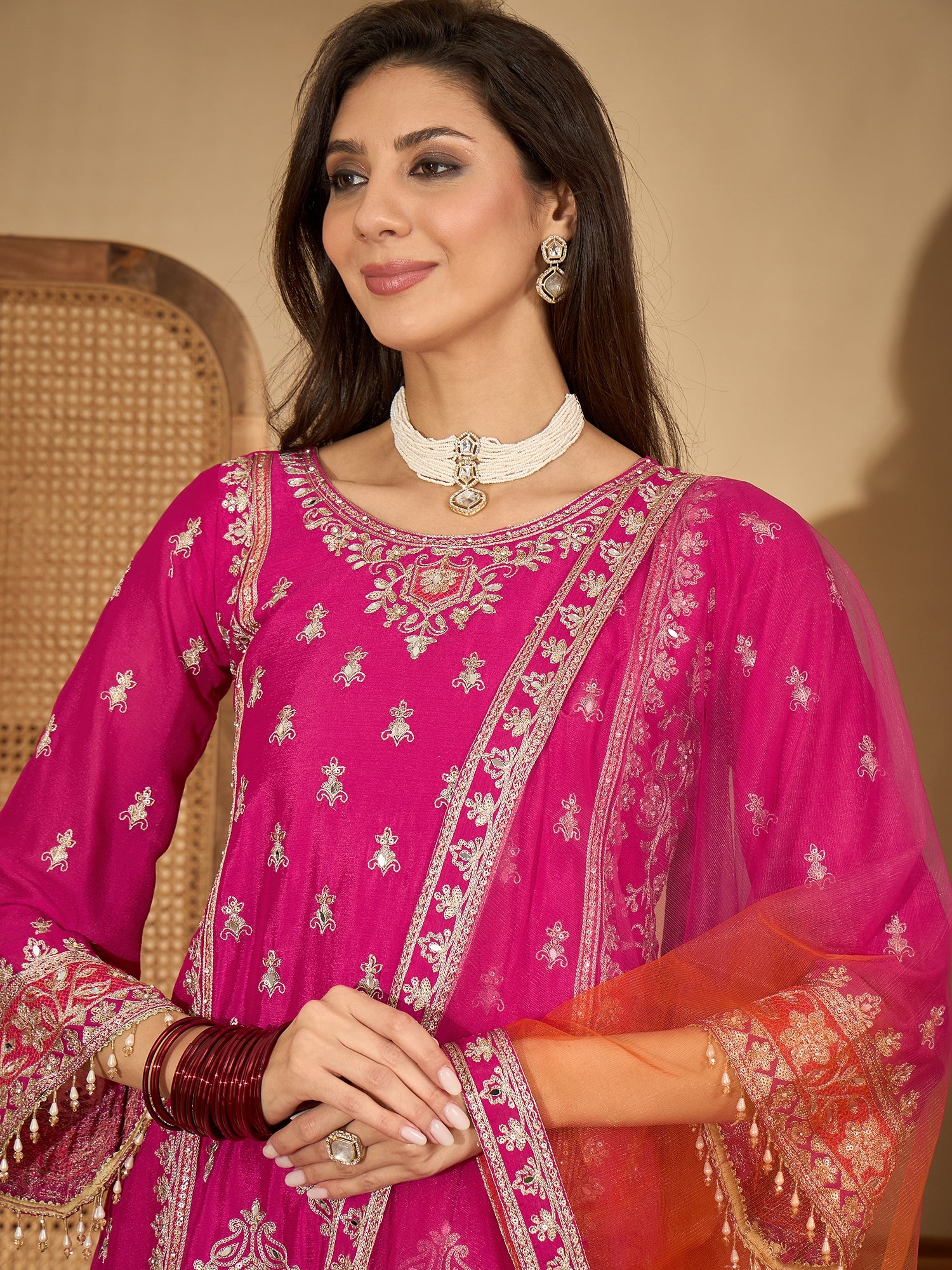 Women's Pink Solid & Embroidered Chinon A-Line Kurta Palazzo Dupatta Set