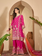 Women's Pink Solid & Embroidered Chinon A-Line Kurta Palazzo Dupatta Set