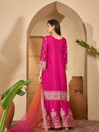 Women's Pink Solid & Embroidered Chinon A-Line Kurta Palazzo Dupatta Set