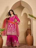 Women's Pink Solid & Embroidered Chinon A-Line Kurta Palazzo Dupatta Set