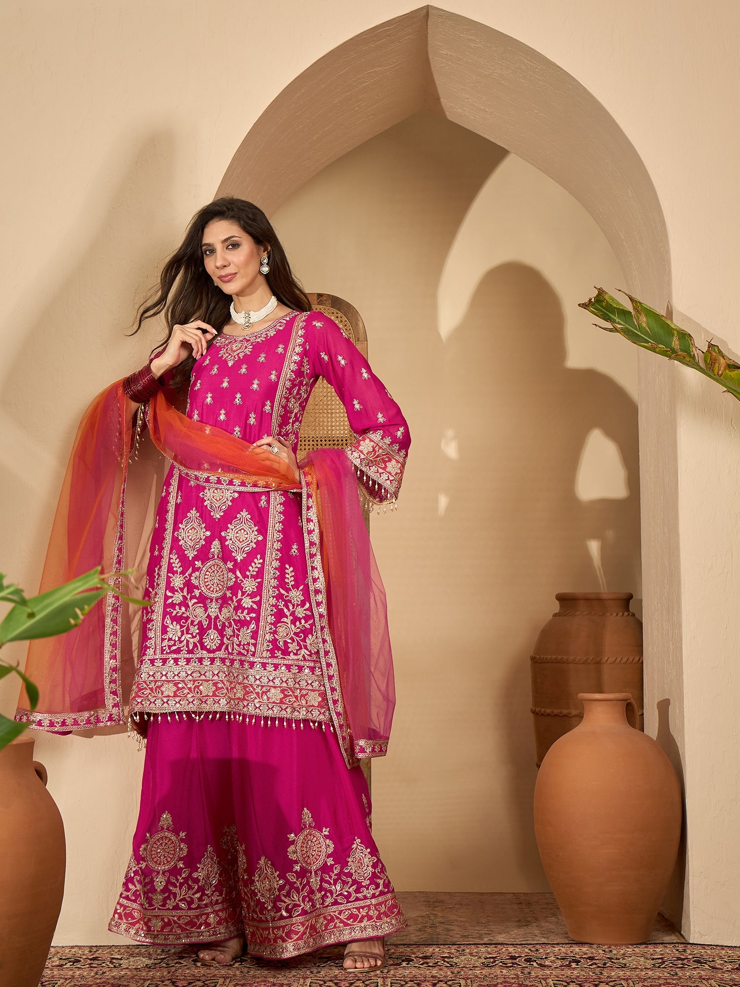Women's Pink Solid & Embroidered Chinon A-Line Kurta Palazzo Dupatta Set