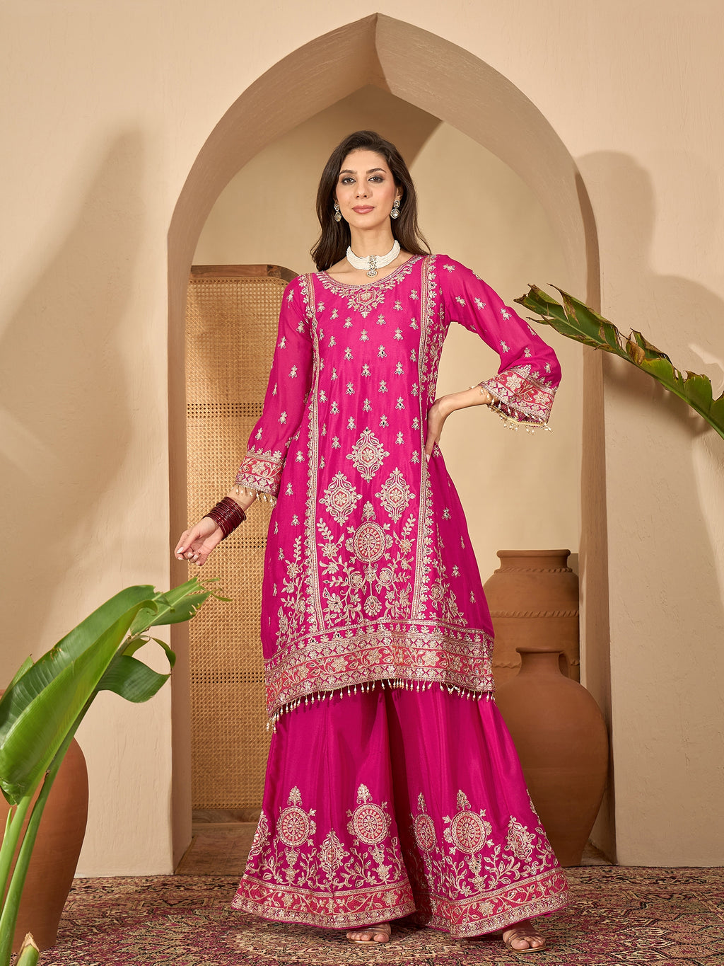 Women's Pink Solid & Embroidered Chinon A-Line Kurta Palazzo Dupatta Set