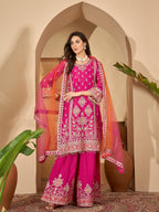 Women's Pink Solid & Embroidered Chinon A-Line Kurta Palazzo Dupatta Set