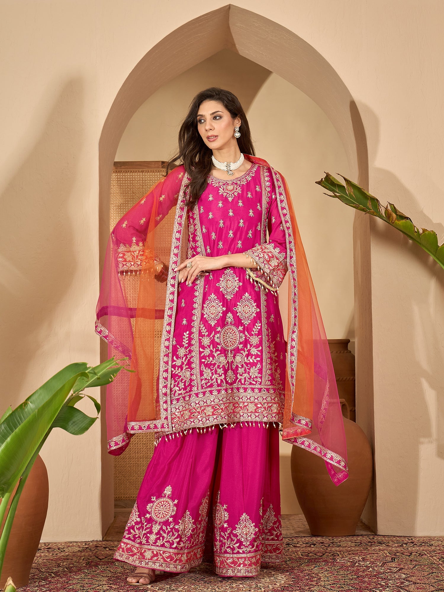 Women's Pink Solid & Embroidered Chinon A-Line Kurta Palazzo Dupatta Set