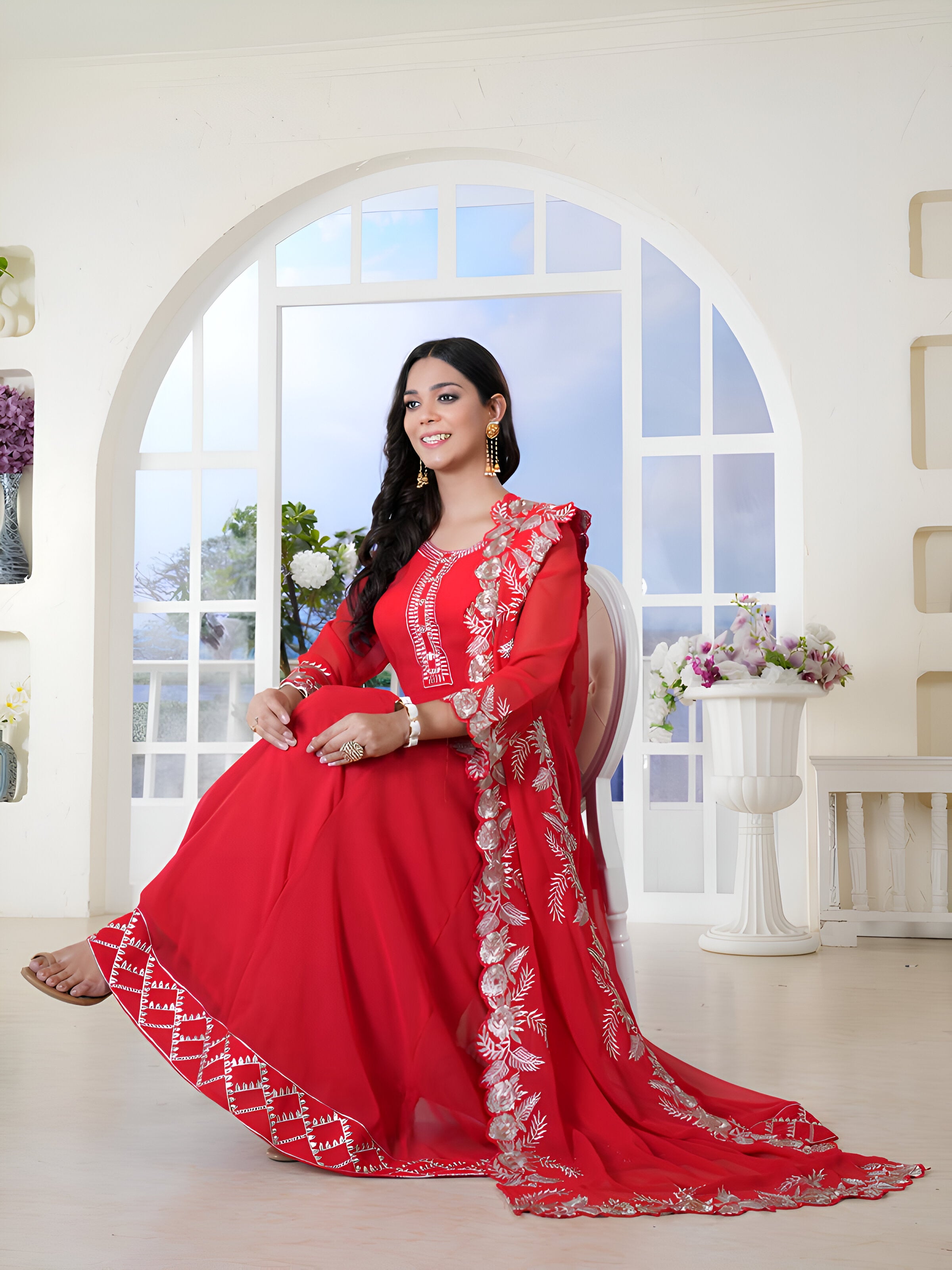 Women's Red Solid & Embroidered Georgette Anarkali Kurta Pant Dupatta Set