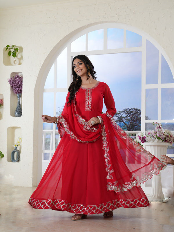 Women's Red Solid & Embroidered Georgette Anarkali Kurta Pant Dupatta Set