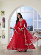 Women's Red Solid & Embroidered Georgette Anarkali Kurta Pant Dupatta Set