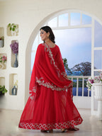 Women's Red Solid & Embroidered Georgette Anarkali Kurta Pant Dupatta Set
