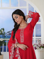 Women's Red Solid & Embroidered Georgette Anarkali Kurta Pant Dupatta Set