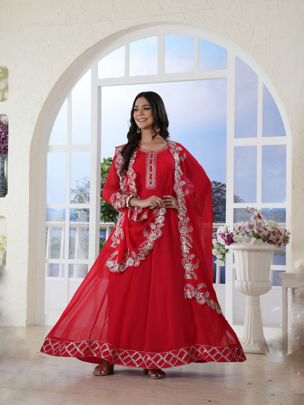 Women's Red Solid & Embroidered Georgette Anarkali Kurta Pant Dupatta Set