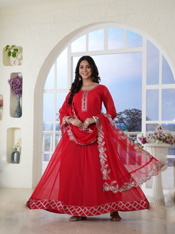 Women's Red Solid & Embroidered Georgette Anarkali Kurta Pant Dupatta Set