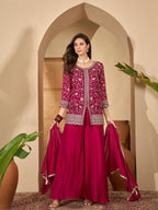 Women's Red Embroidered Georgette A-Line Short Kurti Palazzo Dupatta Set
