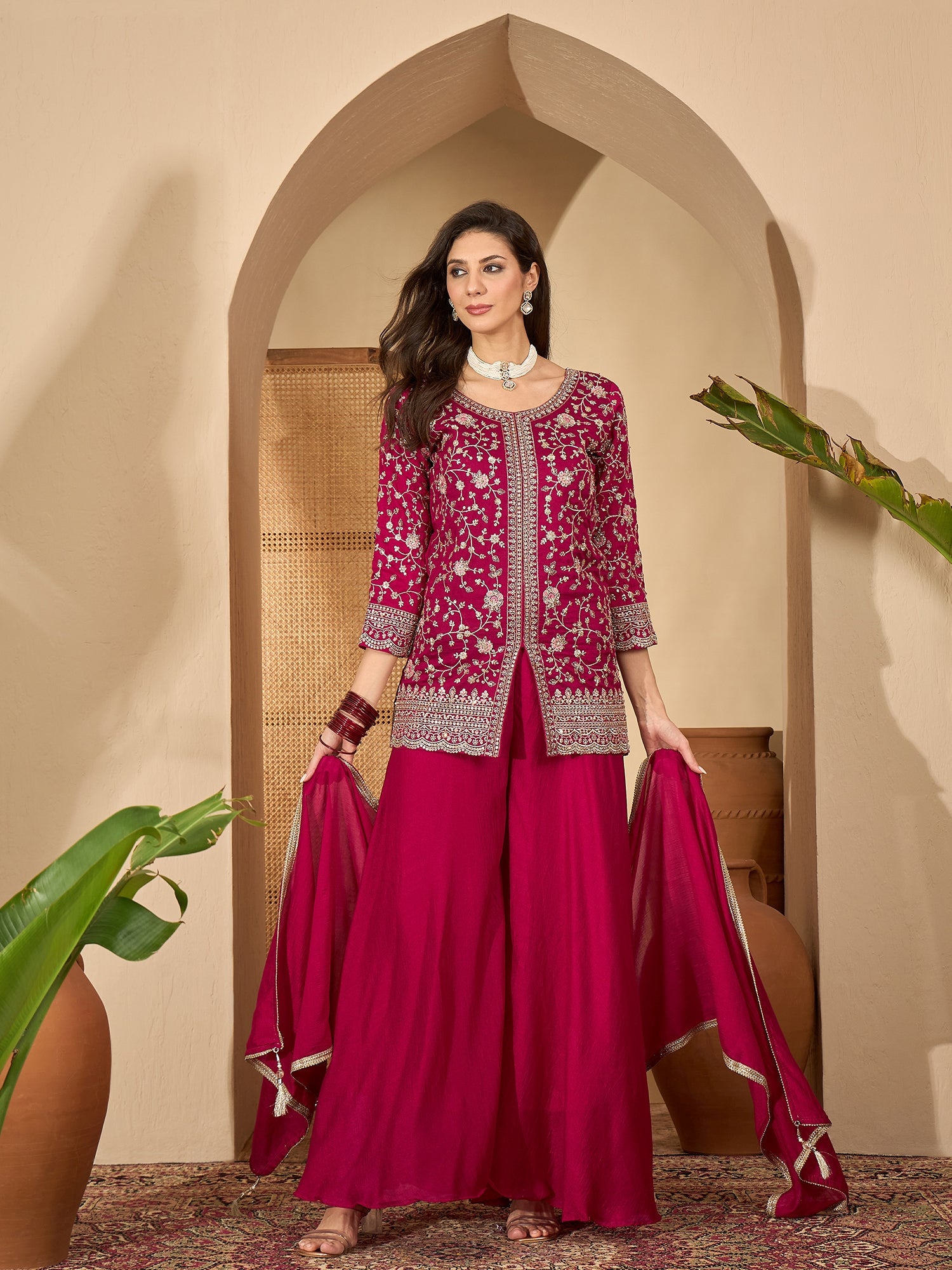 Women's Red Embroidered Georgette A-Line Short Kurti Palazzo Dupatta Set