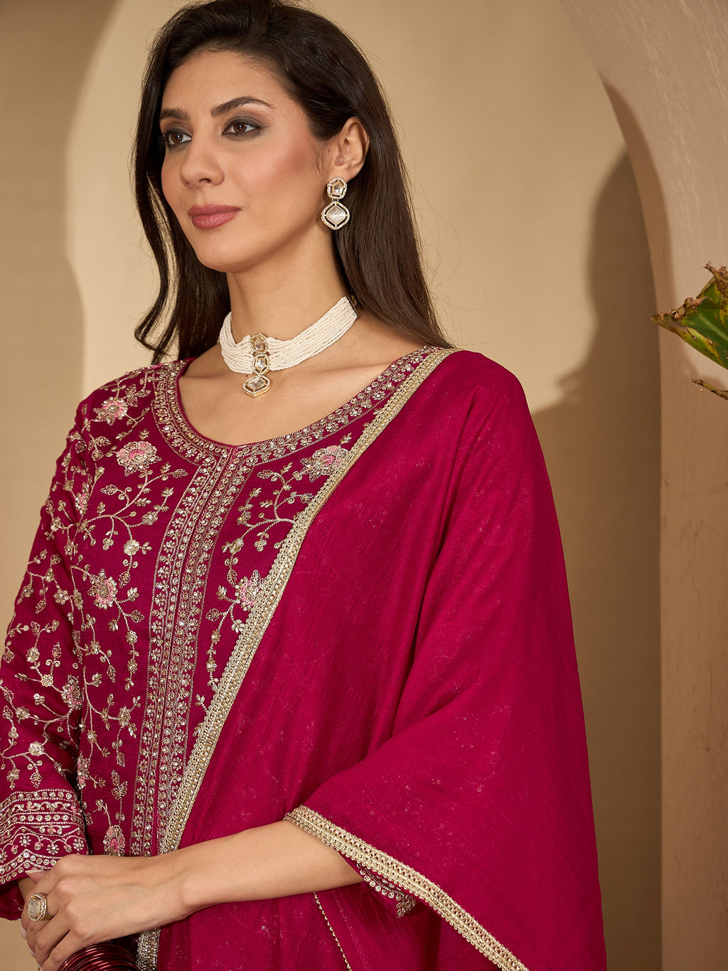 Women's Red Embroidered Georgette A-Line Short Kurti Palazzo Dupatta Set