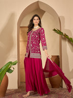 Women's Red Embroidered Georgette A-Line Short Kurti Palazzo Dupatta Set
