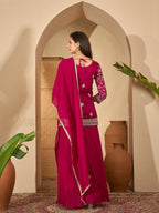 Women's Red Embroidered Georgette A-Line Short Kurti Palazzo Dupatta Set