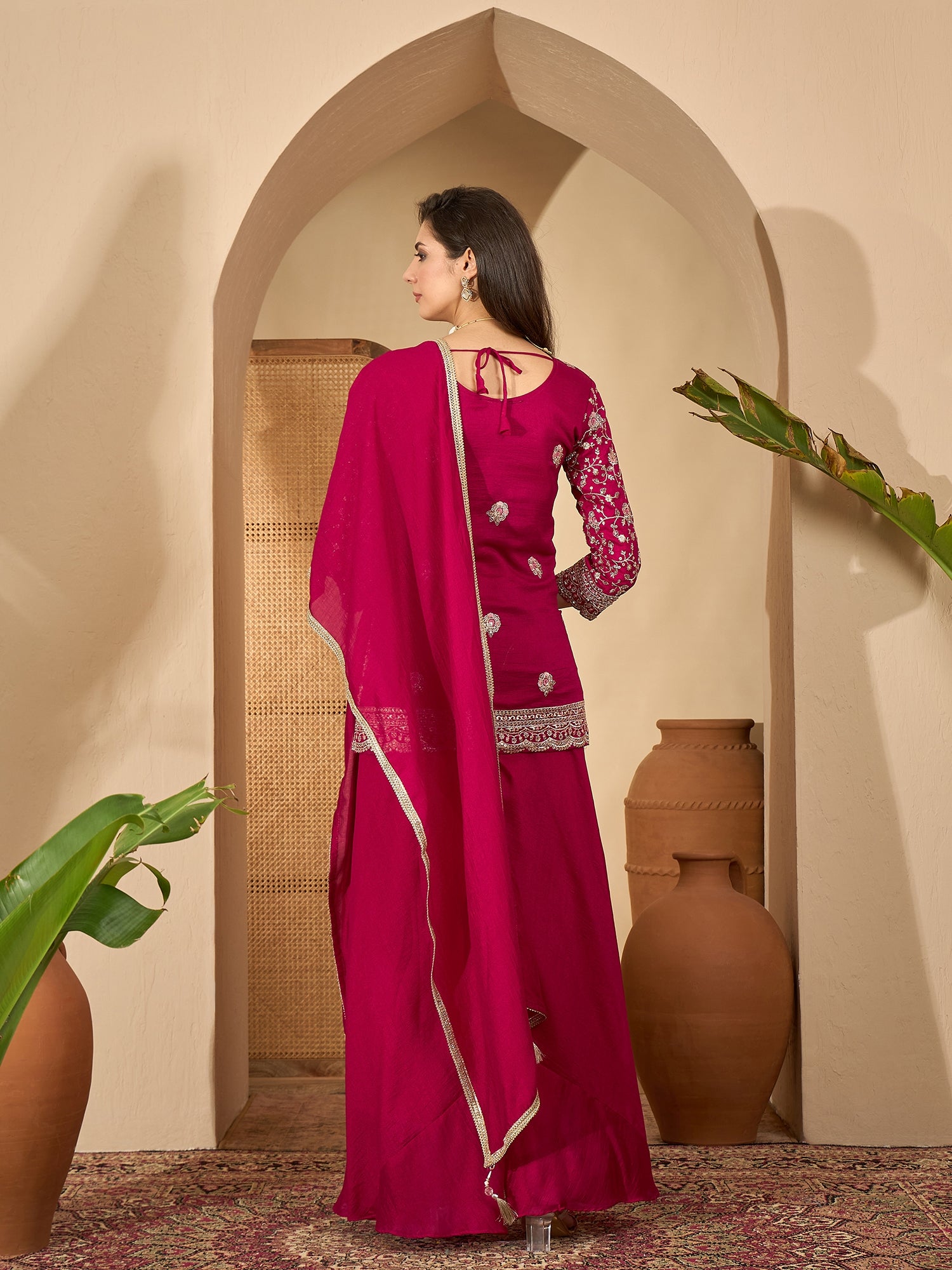 Women's Red Embroidered Georgette A-Line Short Kurti Palazzo Dupatta Set