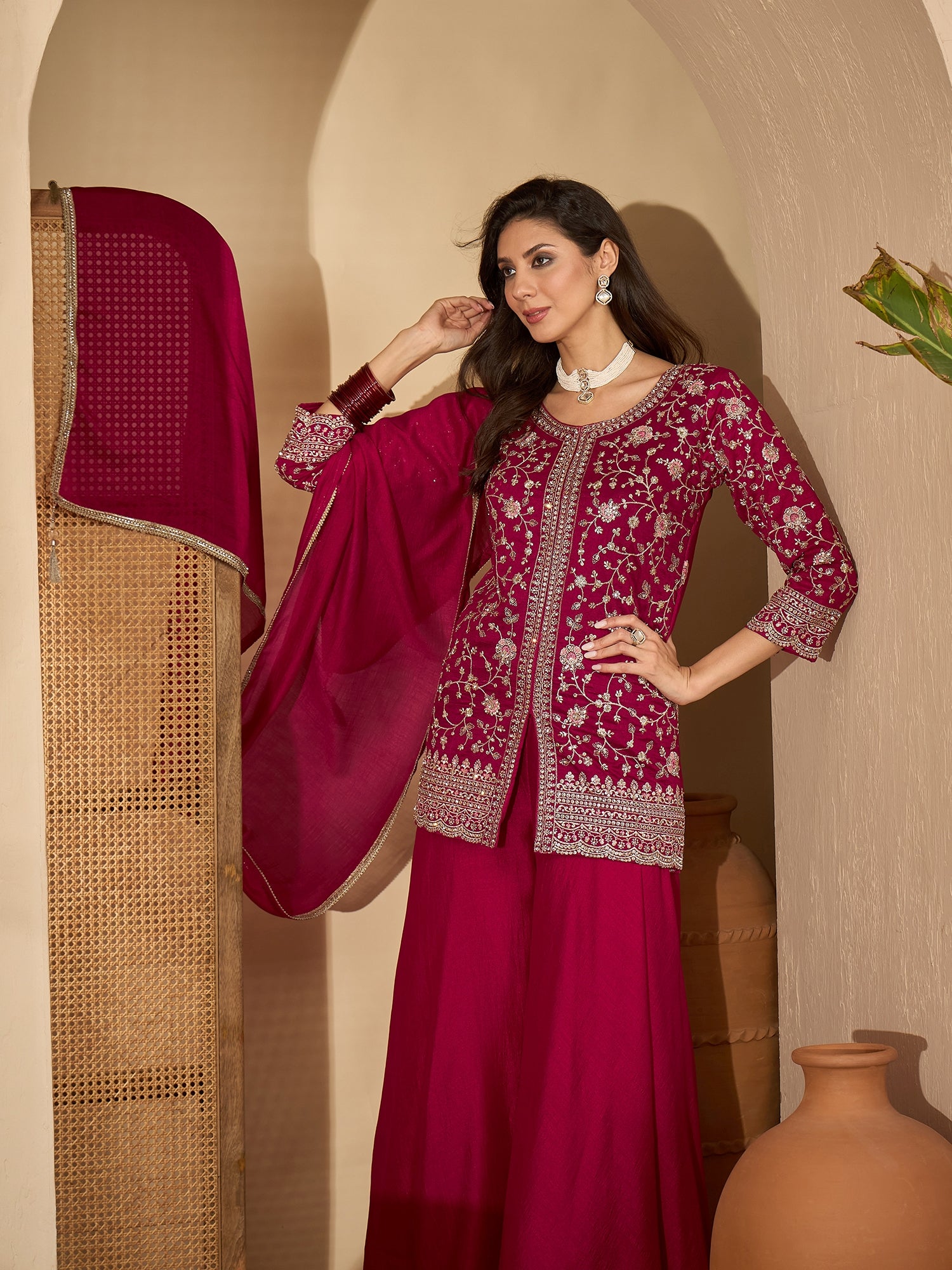 Women's Red Embroidered Georgette A-Line Short Kurti Palazzo Dupatta Set