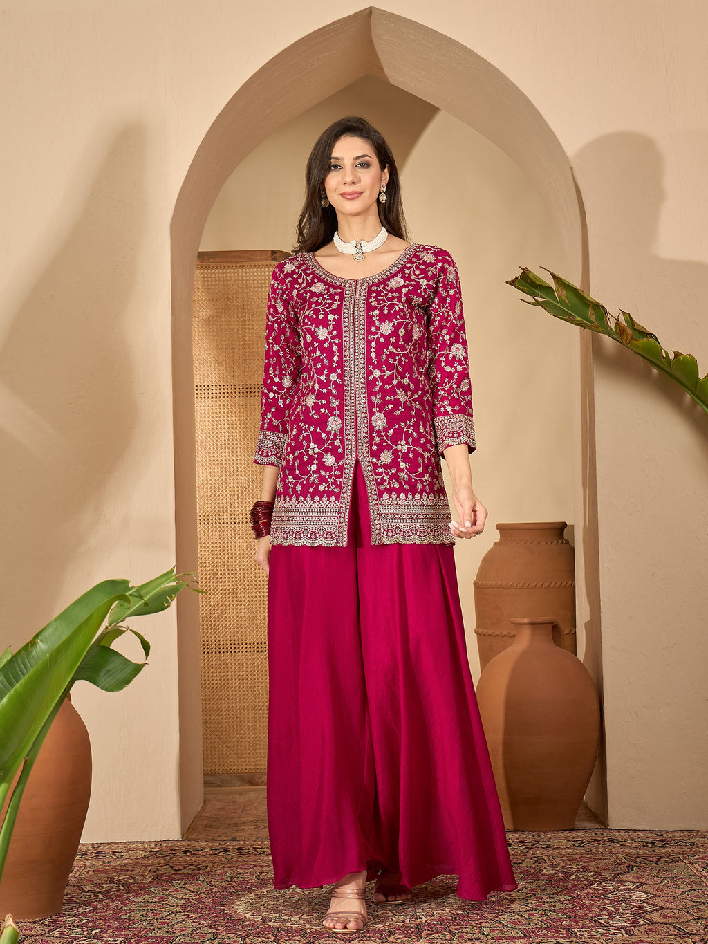 Women's Red Embroidered Georgette A-Line Short Kurti Palazzo Dupatta Set