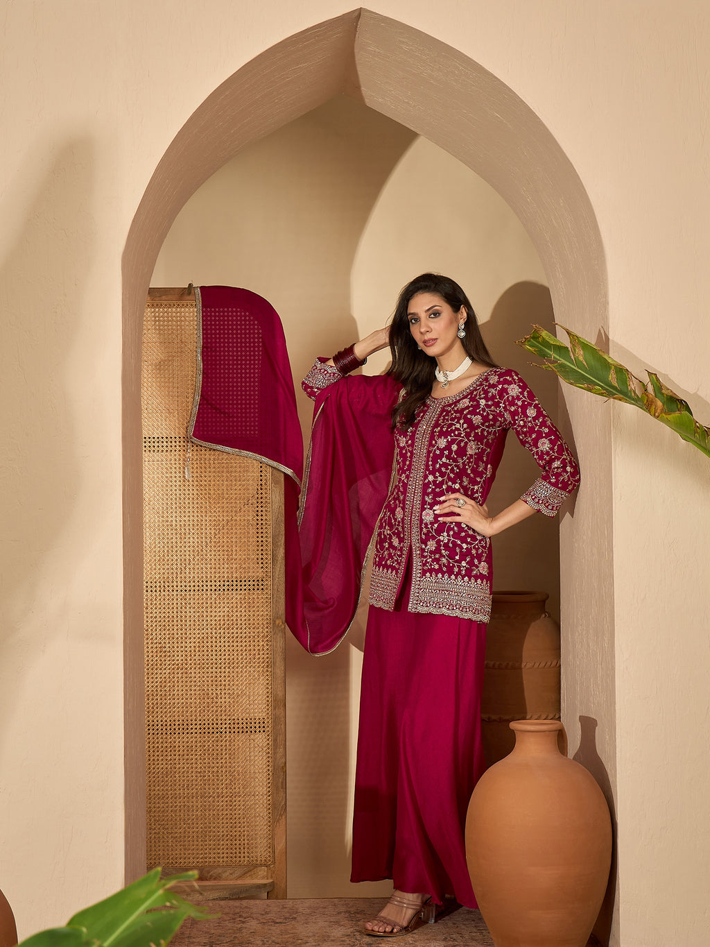 Women's Red Embroidered Georgette A-Line Short Kurti Palazzo Dupatta Set