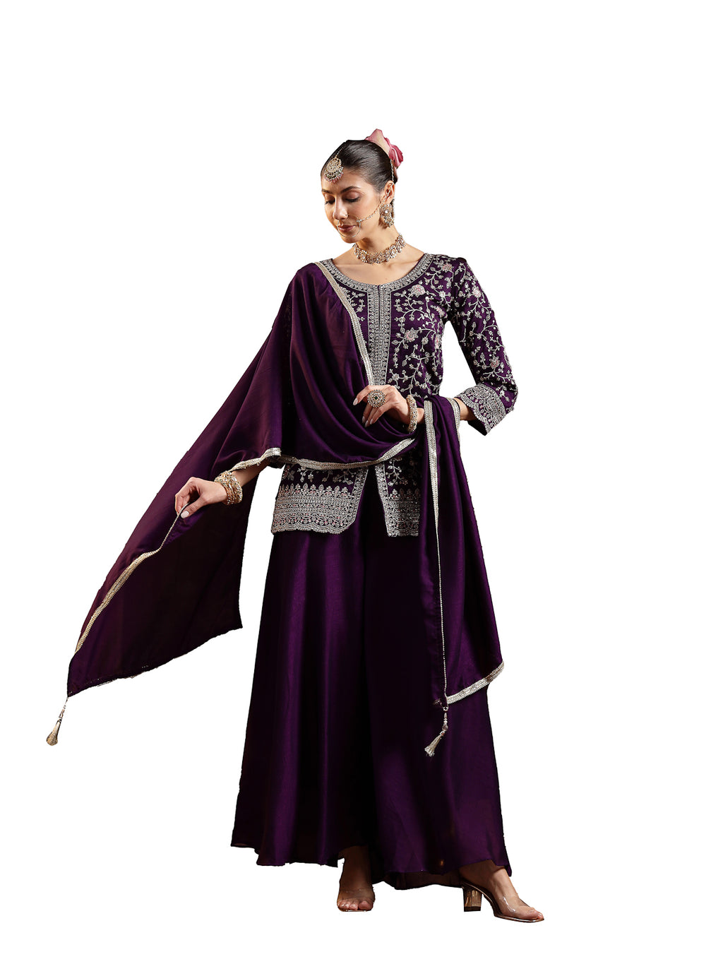 Women's Violet Embroidered Georgette A-Line Kurti Palazzo Dupatta Set
