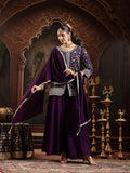 Women's Violet Embroidered Georgette A-Line Kurti Palazzo Dupatta Set