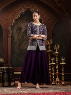 Women's Violet Embroidered Georgette A-Line Kurti Palazzo Dupatta Set