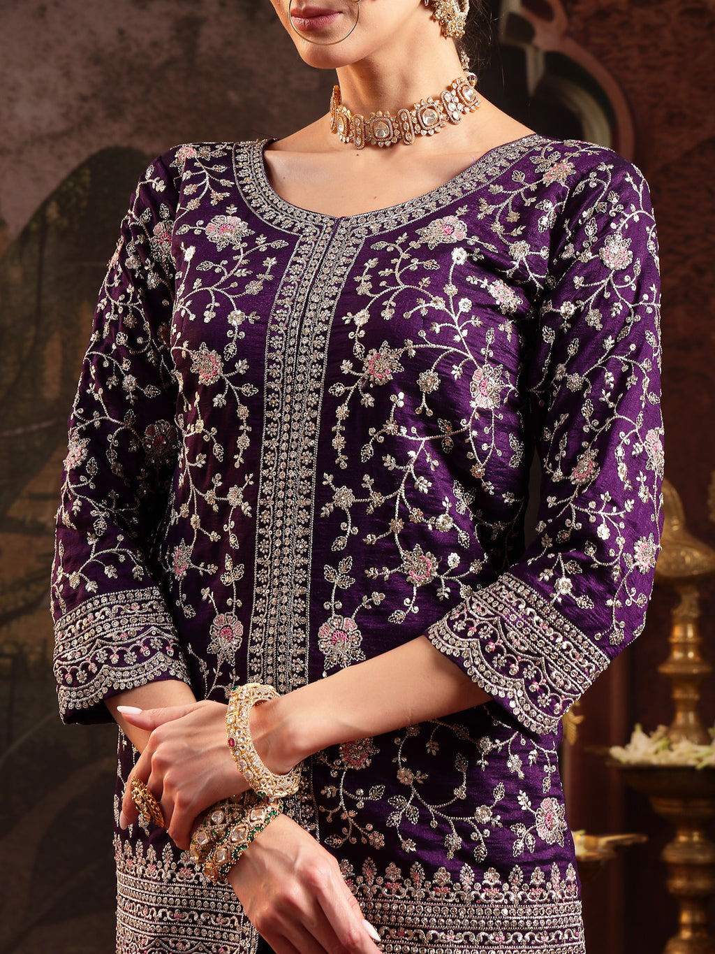 Women's Violet Embroidered Georgette A-Line Kurti Palazzo Dupatta Set