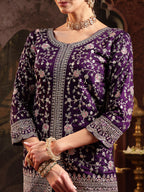 Women's Violet Embroidered Georgette A-Line Kurti Palazzo Dupatta Set
