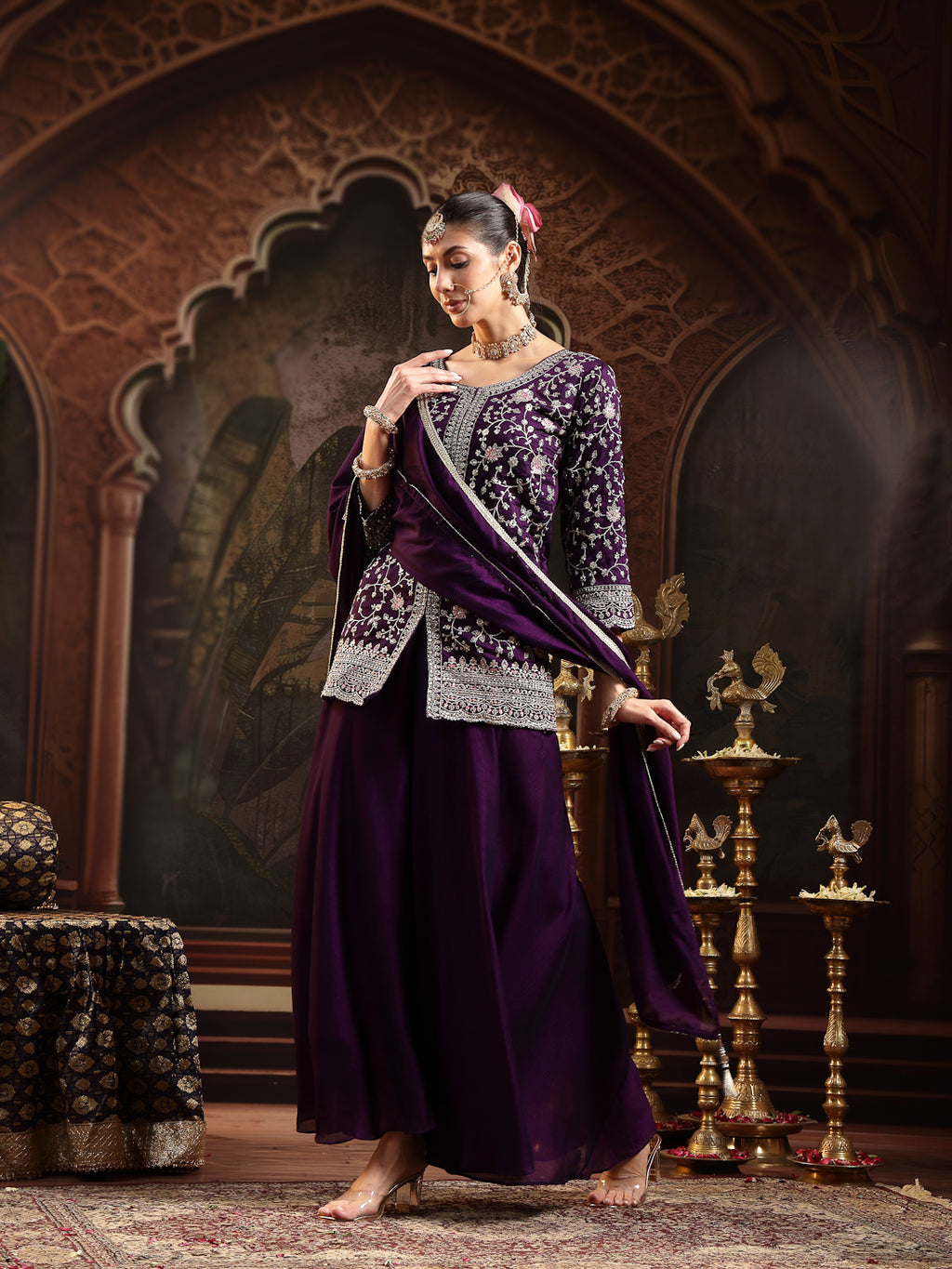 Women's Violet Embroidered Georgette A-Line Kurti Palazzo Dupatta Set