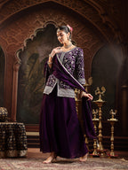Women's Violet Embroidered Georgette A-Line Kurti Palazzo Dupatta Set
