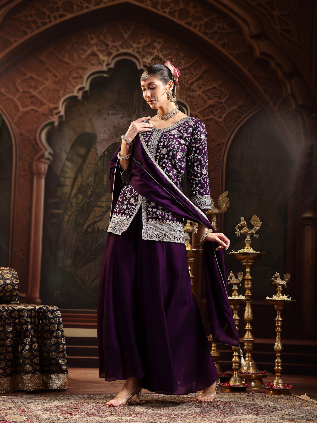 Women's Violet Embroidered Georgette A-Line Kurti Palazzo Dupatta Set