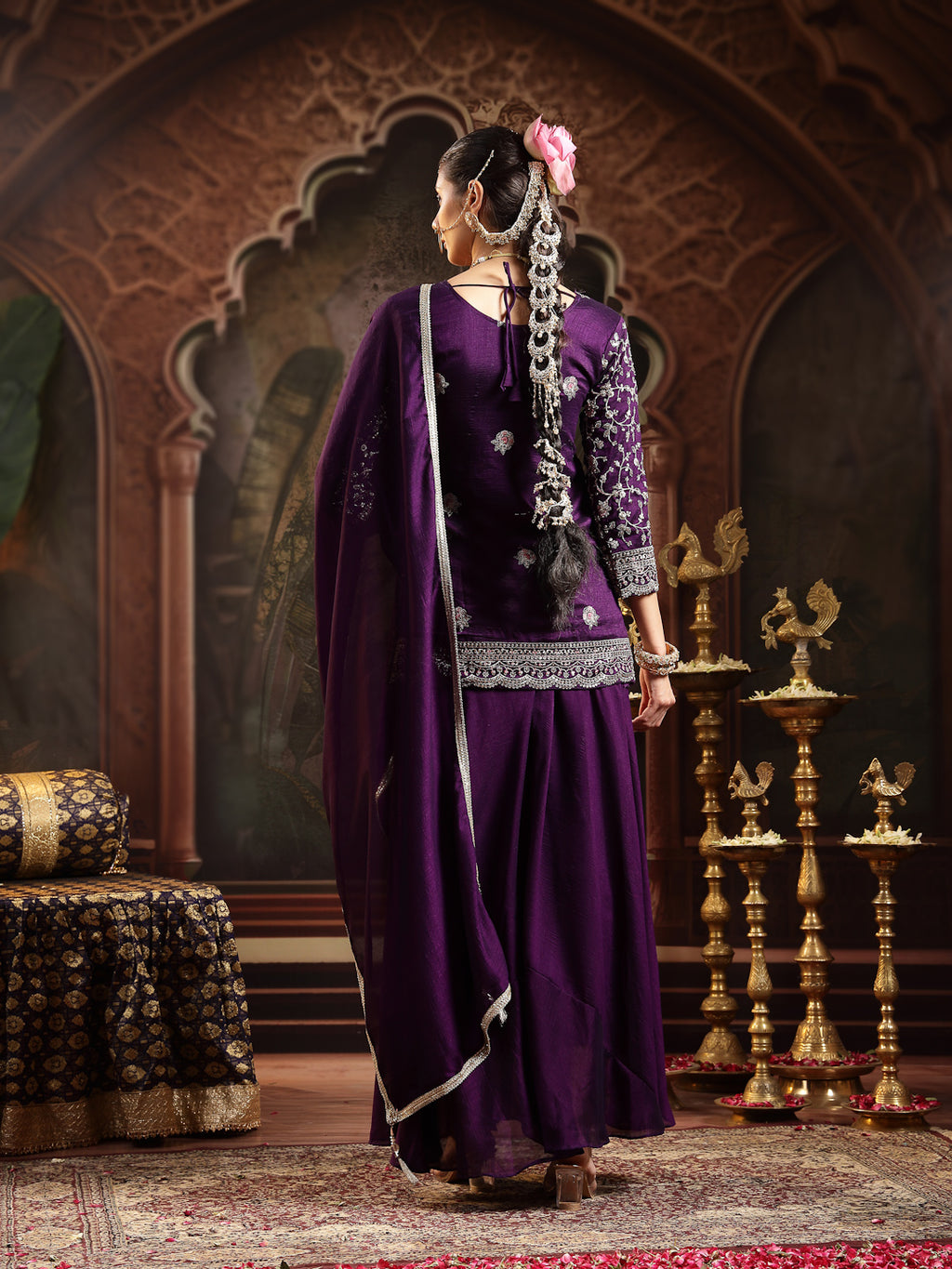 Women's Violet Embroidered Georgette A-Line Kurti Palazzo Dupatta Set