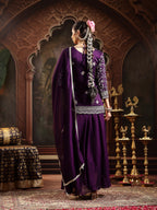 Women's Violet Embroidered Georgette A-Line Kurti Palazzo Dupatta Set