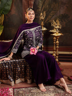 Women's Violet Embroidered Georgette A-Line Kurti Palazzo Dupatta Set