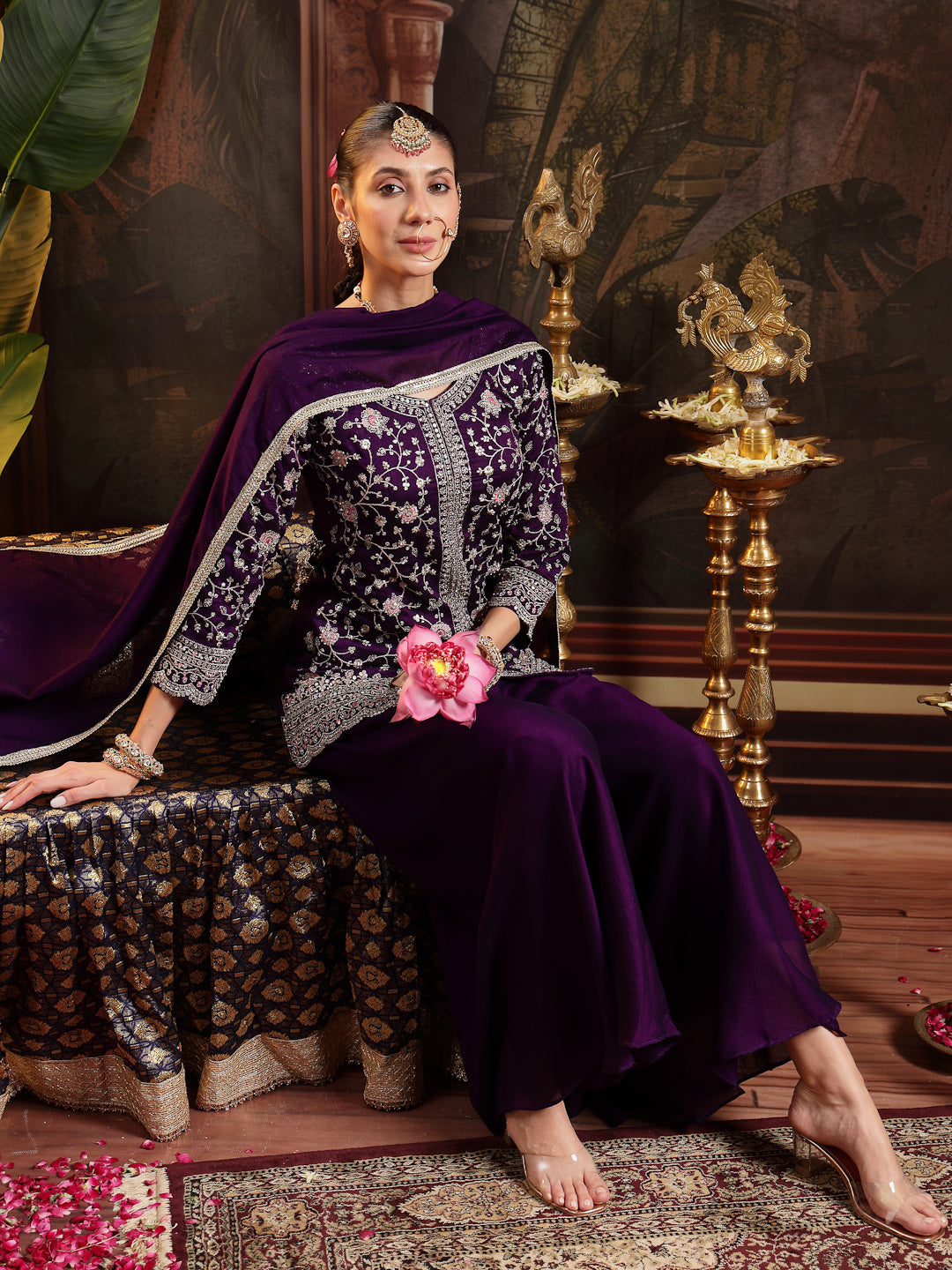 Women's Violet Embroidered Georgette A-Line Kurti Palazzo Dupatta Set