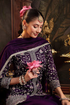 Women's Violet Embroidered Georgette A-Line Kurti Palazzo Dupatta Set