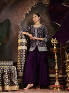 Women's Violet Embroidered Georgette A-Line Kurti Palazzo Dupatta Set