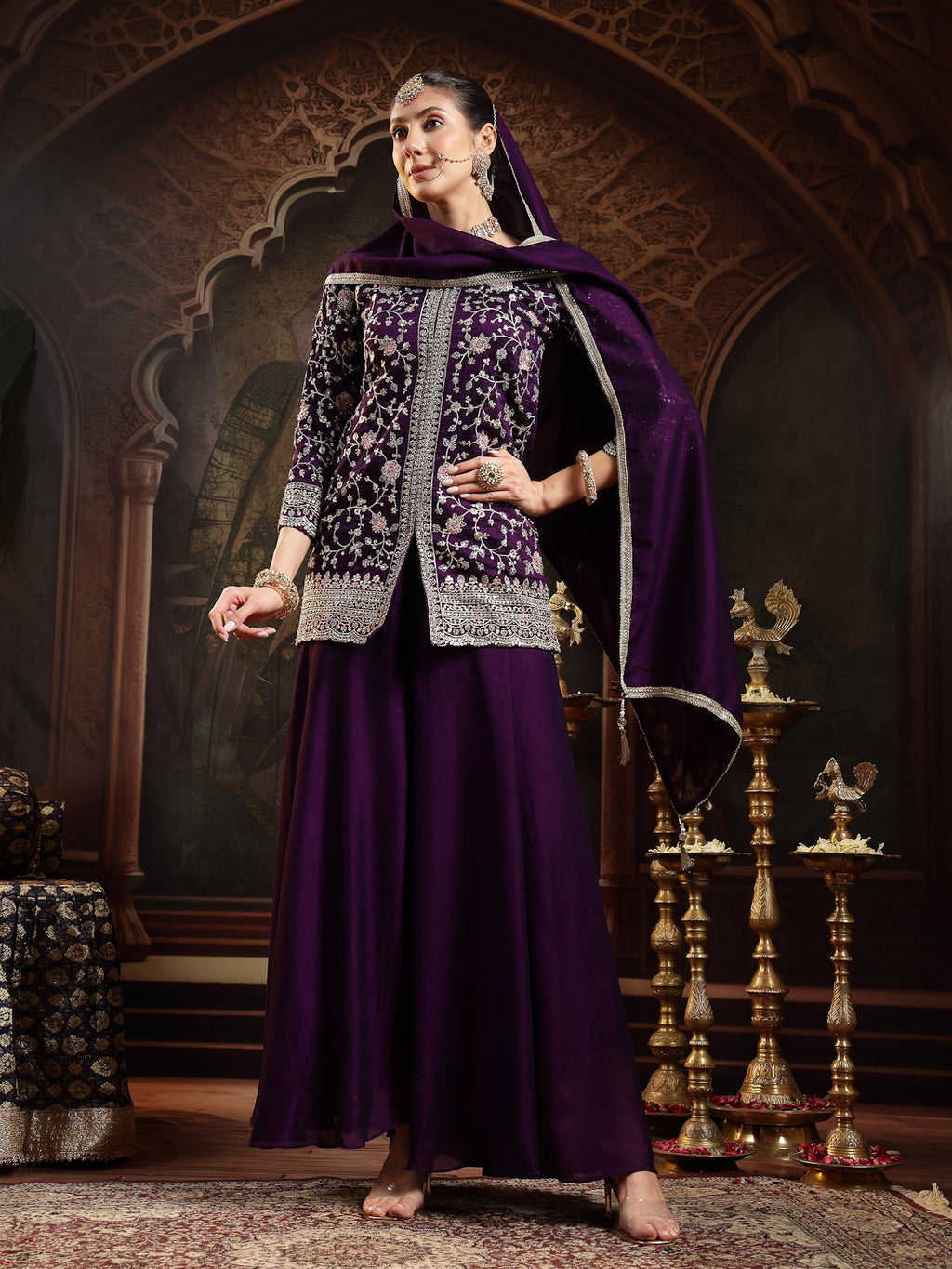 Women's Violet Embroidered Georgette A-Line Kurti Palazzo Dupatta Set