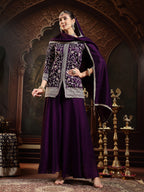 Women's Violet Embroidered Georgette A-Line Kurti Palazzo Dupatta Set