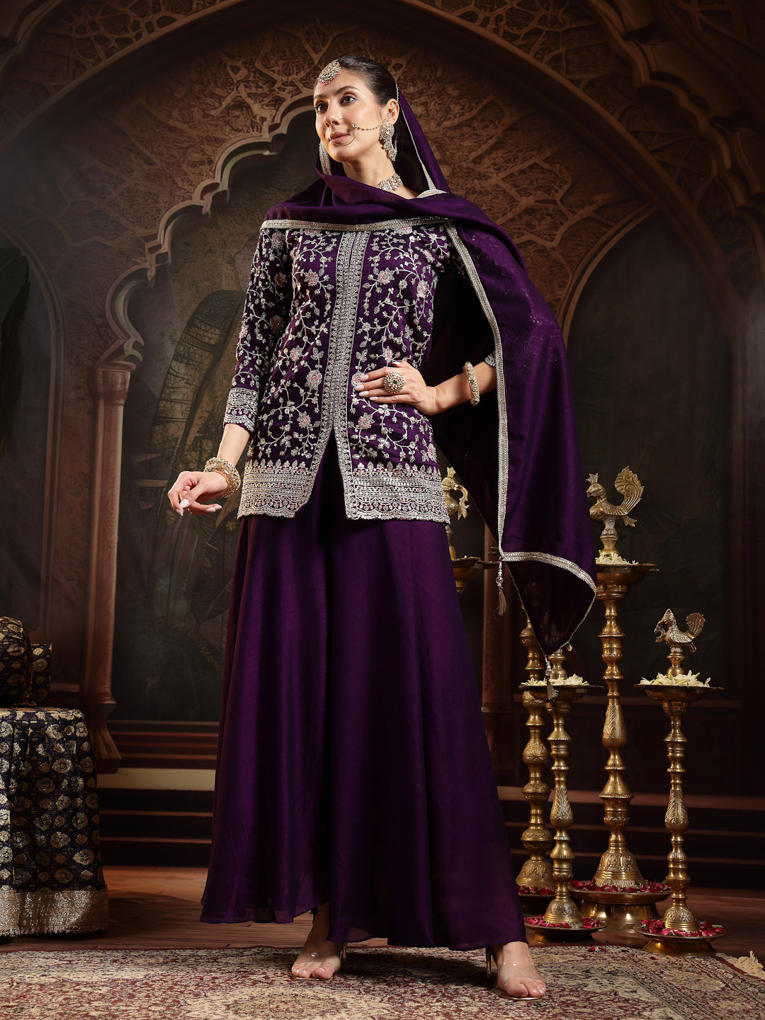 Women's Violet Embroidered Georgette A-Line Kurti Palazzo Dupatta Set