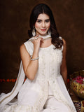 Women's White Georgette Embroidered Teired Kurta Pant Dupatta Set