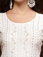 Women's White Georgette Embroidered Teired Kurta Pant Dupatta Set
